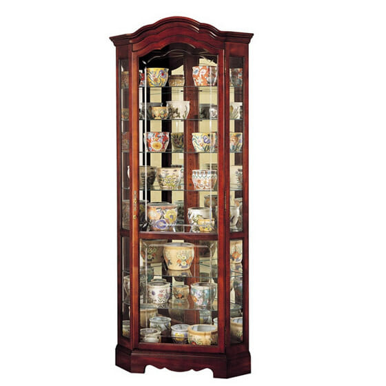 howard miller 680249 corner curio in a victorian cherry finish with etched front glass and adjustable shelves