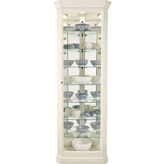 howard miller 680642 delia II aged linen finish corner curio cabinet with adjustable shelves