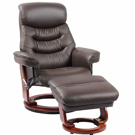 benchmaster stressfree happy swivel recliner with adjustable headrest and storage ottoman