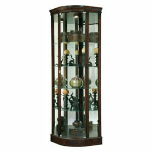 corner curio with curved front glass, espresso finish, 78 inches tall