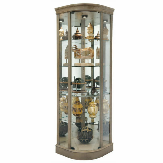 corner curio with rounded front glass