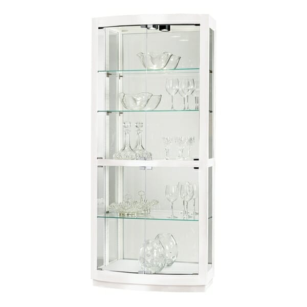 curved front glass curio cabinet in a gloss white finish