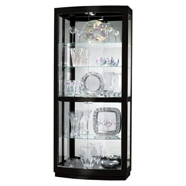howard miller curved front glass curio in a gloss black finish