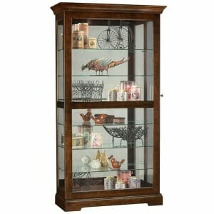 howard miller sliding door curio in a medium brown finish, 43 inches wide