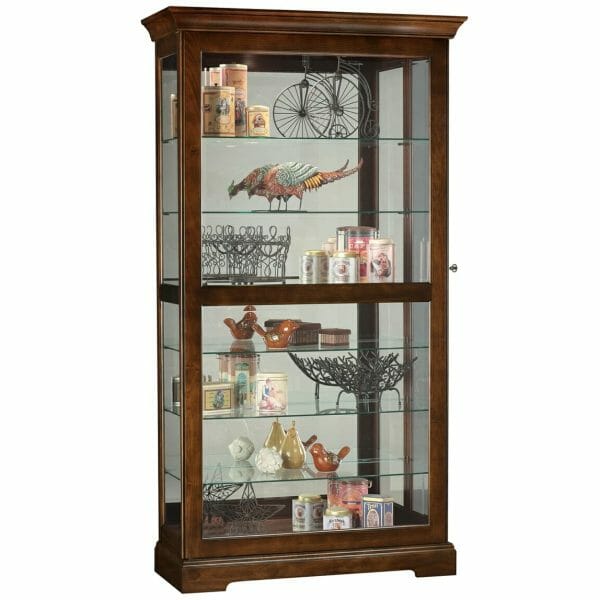howard miller sliding door curio in a medium brown finish, 43 inches wide
