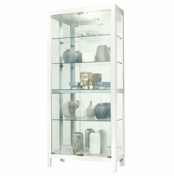 howard miller front glass door opening curio cabinet finished in gloss white, 35.75'' wide